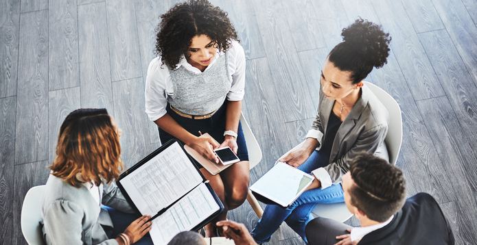 open plan office meeting card