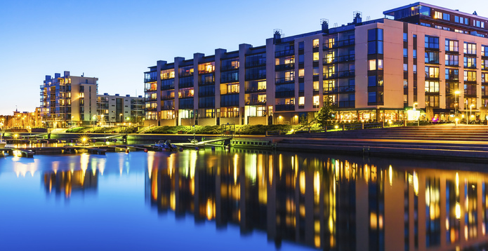 Modern real estate waterfront development evening