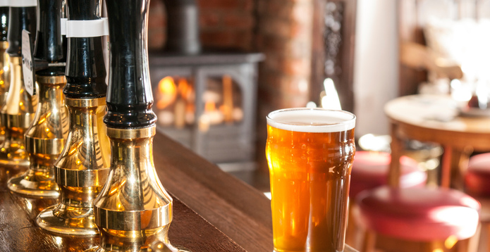 English pub counter with pint card