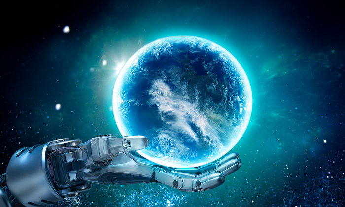 AI hand holding globe Pull-out image