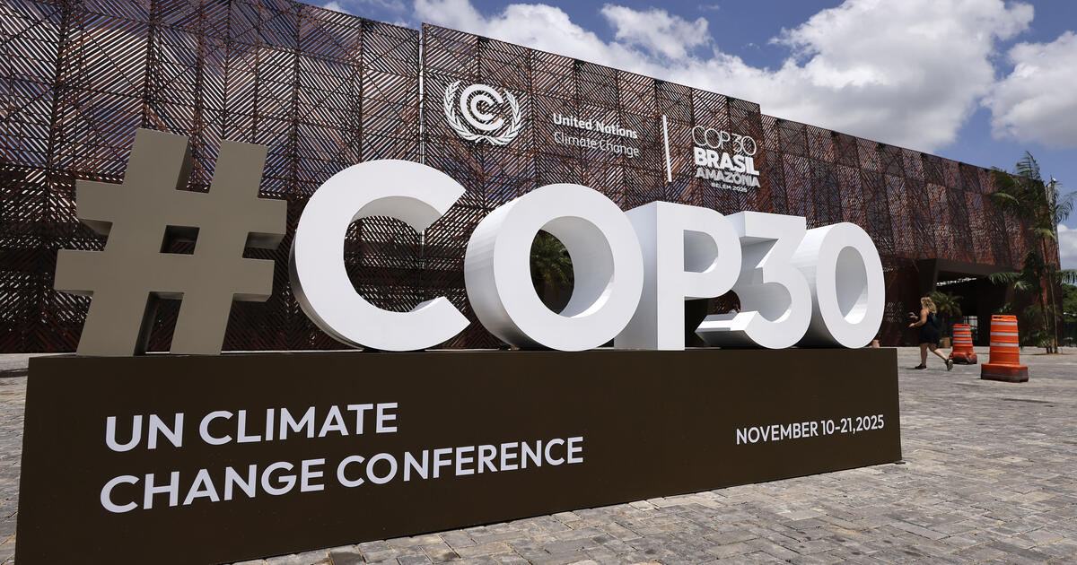 The COP30 logo outside the UN climate change conference centre at Belem, Brazil